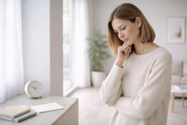 A thoughtful woman in a calm setting reflects on changes in her body