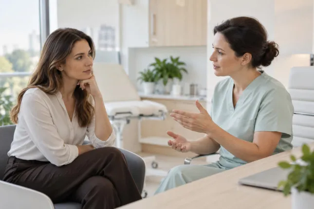Woman discussing bleeding between periods with a gynecologist during a consultation