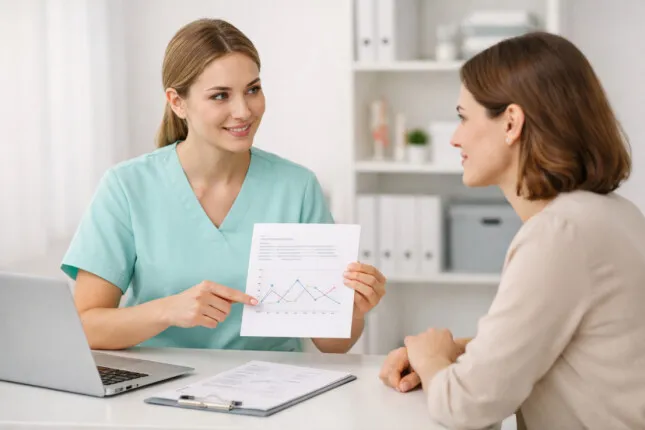 Консультация врача-гинеколога с пациенткой по результатам гормональных анализов