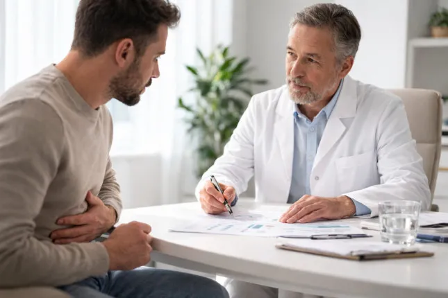A gastroenterologist explains the causes of stomach pain to a patient during a consultation