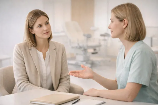 A woman consulting a gynecologist in a private medical clinic