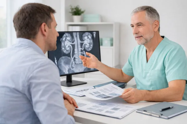 Urologist Explaining Kidney Stone Disease Diagnosis to a Patient During a Consultation