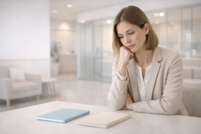 A woman in a private medical clinic considering test results and possible options
