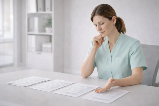 A doctor reviewing laboratory test results in a modern medical office