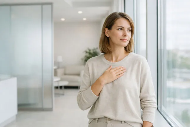 Woman in a modern clinic by the window, a calm gesture of attentiveness to her condition