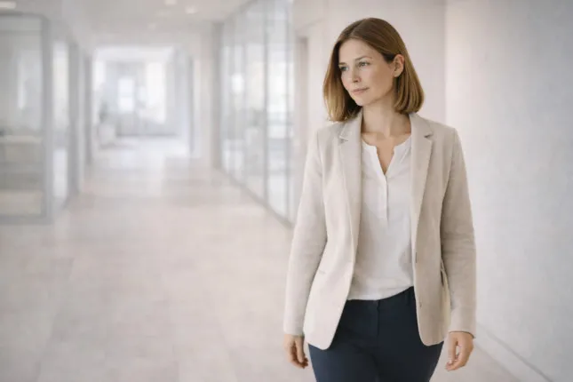 A woman over 35 walks along a bright corridor of a modern clinic