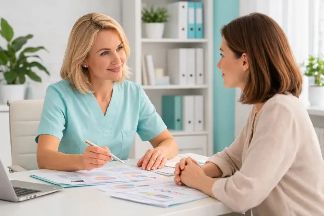 A gynecologist consults a woman aged 35–40 in a bright private clinic office