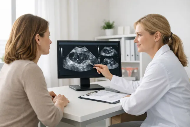 Врач-гинеколог объясняет пациентке результаты УЗИ в клинике