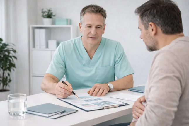 A surgeon explains to a patient when pain from an umbilical hernia requires examination