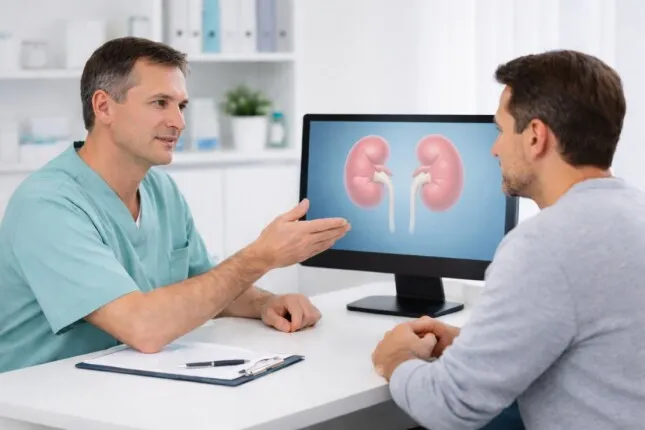 Врач-уролог объясняет пациенту строение почек на медицинской схеме