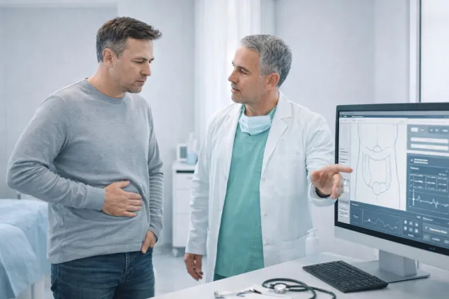 Surgeon consulting a patient with abdominal pain and explaining examination results
