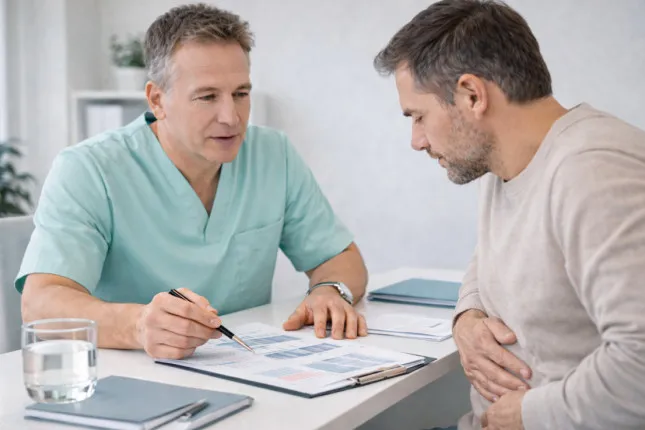 A surgeon consults a patient with pain from an inguinal hernia in a bright private clinic office