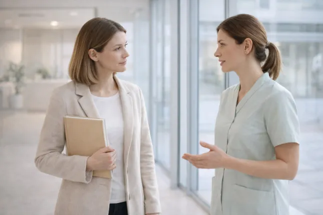 A Patient and Doctor Conversation in a Bright Lobby of a Private Medical Clinic