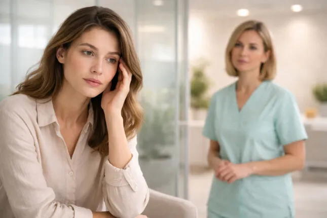 Женщина на консультации у врача-гинеколога в частной медицинской клинике