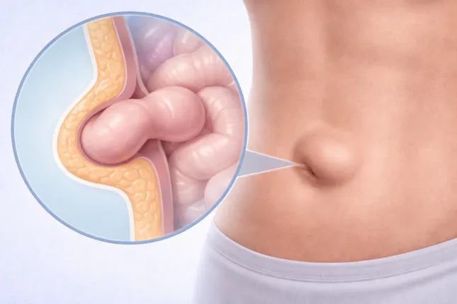 Illustration of an umbilical hernia and its location in the human body