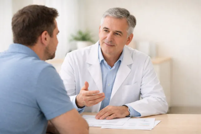 A gastroenterologist explains the symptoms of a duodenal ulcer to a patient during a consultation