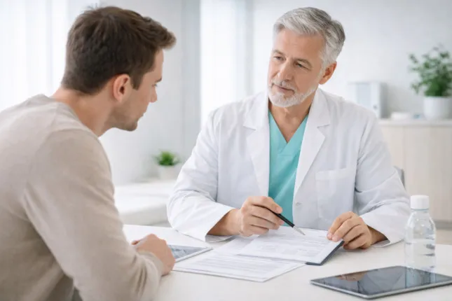 A gastroenterologist explains duodenal ulcer symptoms to a patient during a consultation