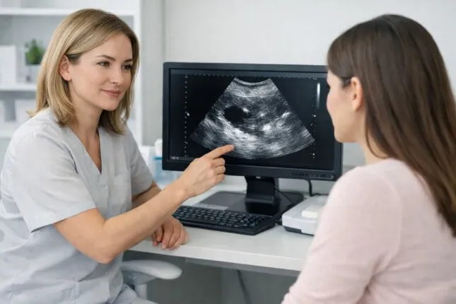 Гинеколог объясняет пациентке результаты УЗИ органов малого таза