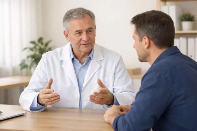 A gastroenterologist explains to a patient during a consultation how a stomach ulcer can cause pain