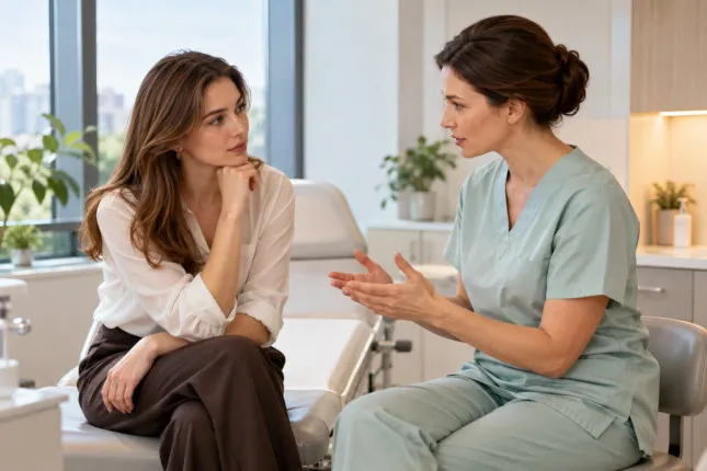 Женщина обсуждает с гинекологом увеличение количества влагалищных выделений на консультации