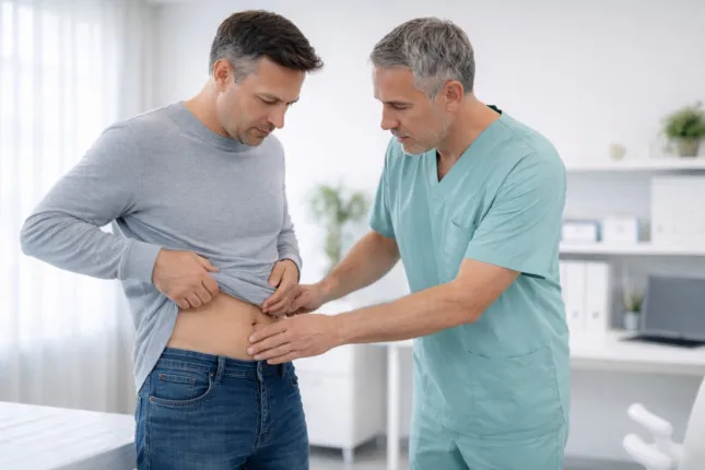 Surgical Examination of a Patient With Suspected Umbilical Hernia During a Consultation