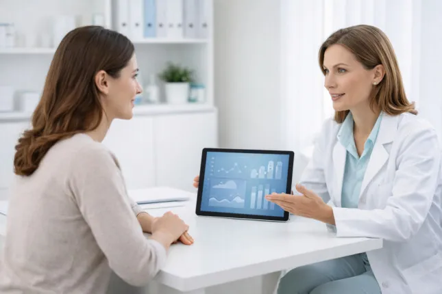 Гинеколог консультирует пациентку во время приема в клинике