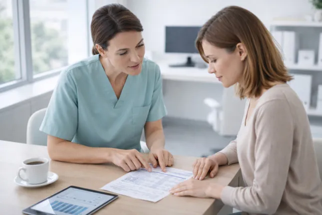A gynecologist explains hormone test results to a patient during a consultation