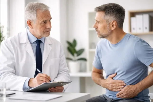 Врач обсуждает с пациентом проблему грыжи живота