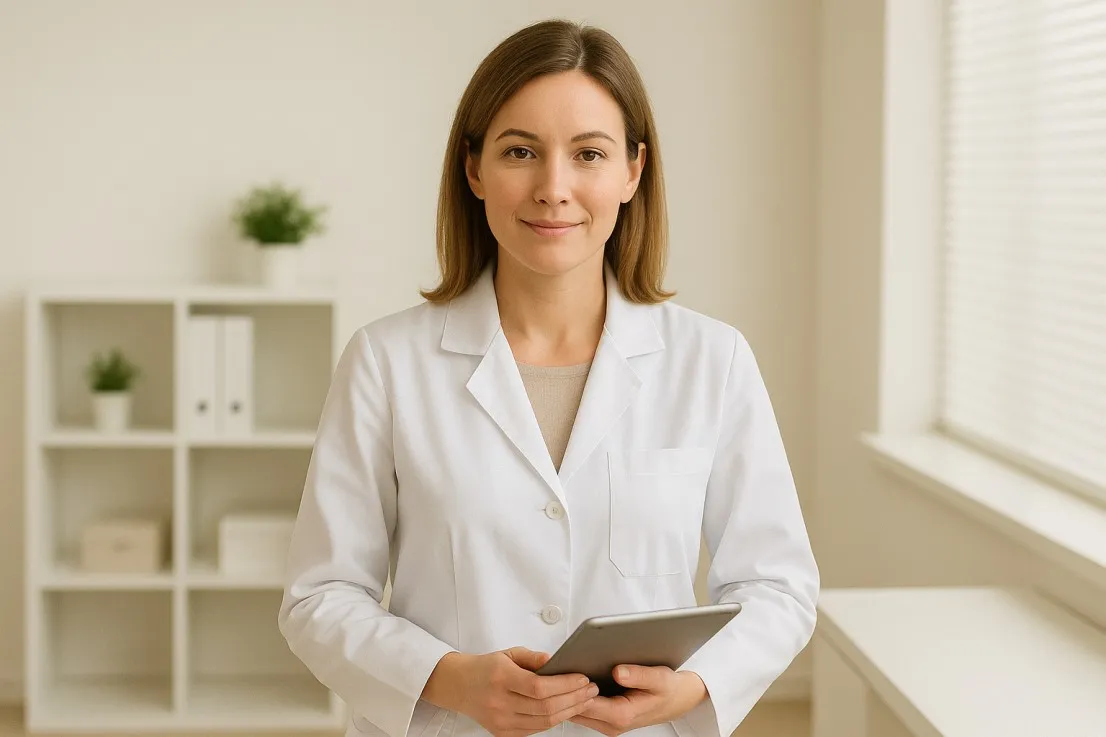 Гинеколог в белом халате с планшетом в современном светлом кабинете